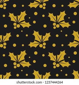Christmas gold holly berries pattern. Vector illustration.