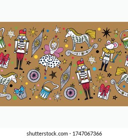 Christmas gold horizontal vector seamless Nutcracker pattern.  Seamless pattern can be used for wallpaper, pattern fills, web page background, surface textures.