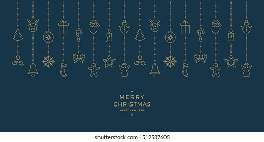 iconos de oro de Navidad elementos colgando fondo azul