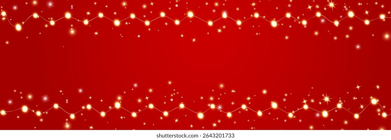 Christmas gold light on red background. Glitter golden stars. Christmas garland border. New Year frame. Decoration line card. Winter Holiday design. Xmas hanging baubles. Vector illustration.