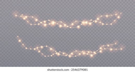 Christmas gold lights garland, bulbs on wire isolated on transparent background. For New Year and holiday decoration.	