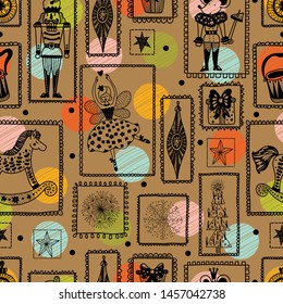 Christmas gold line vector seamless Nutcracker pattern.  Seamless pattern can be used for wallpaper, pattern fills, web page background, surface textures.