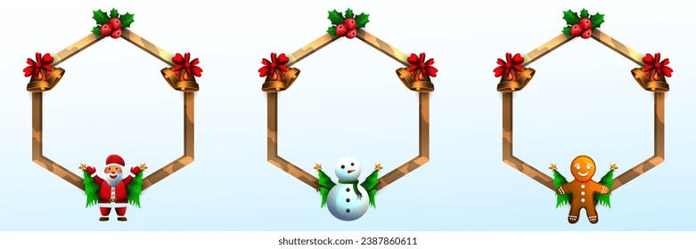 Christmas Gold Luxury Hexagonal Frames with Santa Claus, Snowman and Decorative Christmas Elements
