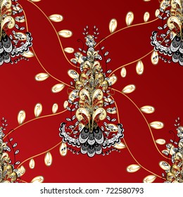 Christmas gold ornamental pattern. Winter snow texture wallpaper. Symbol holiday, New Year celebration vector golden pattern with white elements. Golden snowflakes on red, white and black colors.