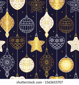 Christmas gold ornaments seamless pattern. Holiday winter night background. Art deco style. Vector illustration.