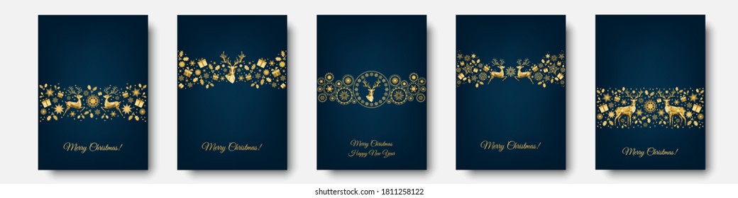 Christmas gold pattern. Golden   decoration. Happy New Year 2021 blue background. Xmas  reindeer, gifts,  snowflakes. Vector template  for greeting  card.