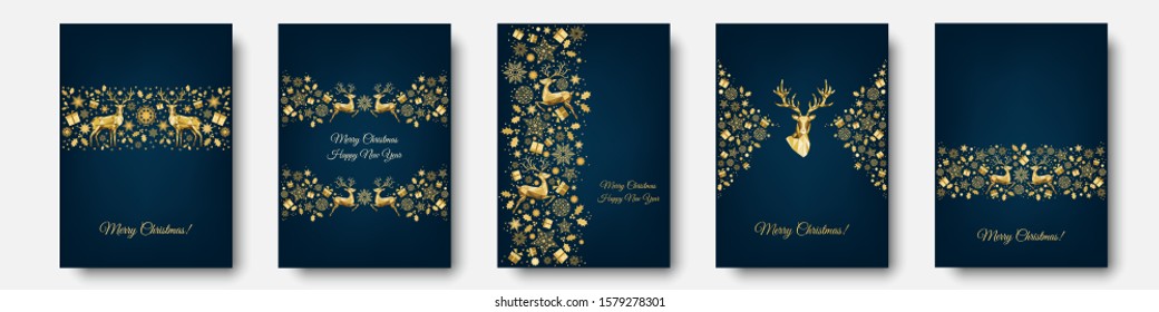 Christmas gold pattern. Golden, white  decoration. Happy New Year blue background. Xmas  reindeer, gifts,  snowflakes. Vector template  for greeting  card.