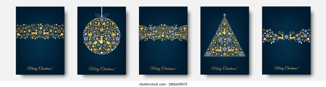 Christmas gold pattern. Golden, white  decoration. Happy New Year 2021 blue background. Xmas  reindeer, gifts,  snowflakes. Vector template  for greeting  card.