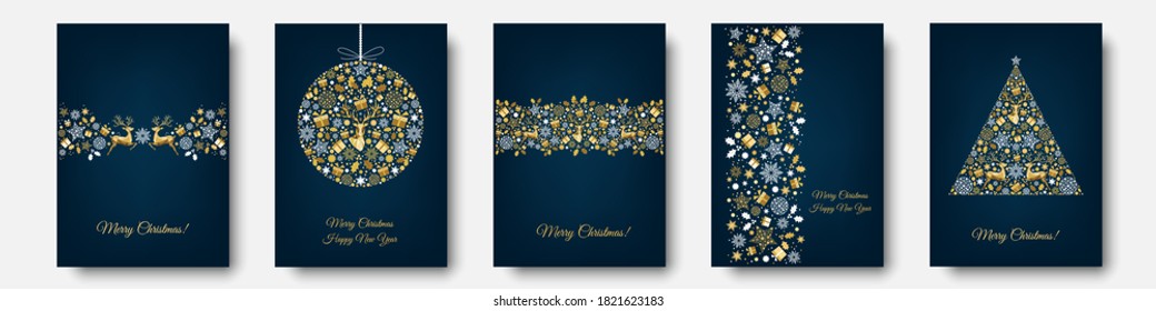 Christmas gold pattern. Golden, white  decoration. Happy New Year blue background. Xmas  reindeer, gifts,  snowflakes. Vector template  for greeting  card.