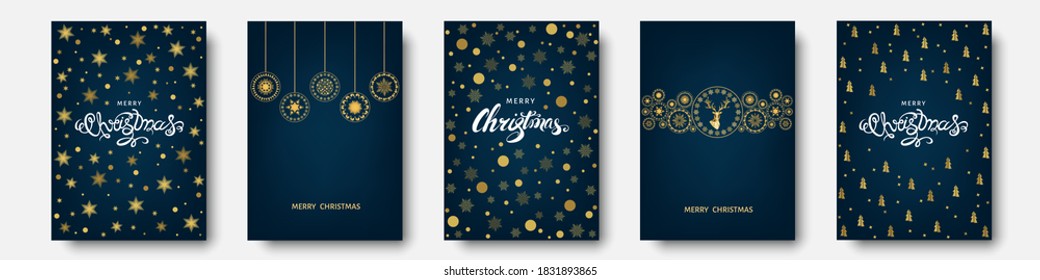 Christmas gold pattern. Golden, white  decoration. Happy New Year blue background. Xmas  tree, deer, lettering,  snowflakes. Vector template  for greeting  card.