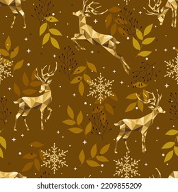 Christmas gold pattern. Seamless background with deers, snowflakes, herbs. Celebration design for paper, cover, fabric, interior decor and other.