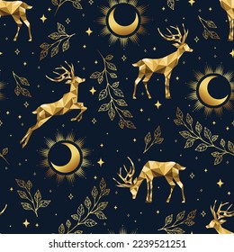 Christmas gold pattern. Seamless background with deers and crescents. Celebration design for paper, cover, fabric, interior decor and other.