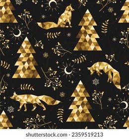 Christmas gold pattern. Seamless background with foxes and christmas trees. Celebration design for paper, cover, fabric, interior decor and other.