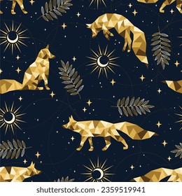 Christmas gold pattern. Seamless background with foxes and crescents. Celebration design for paper, cover, fabric, interior decor and other.