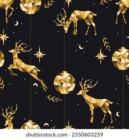 Christmas gold pattern. Seamless background with deers, christmas balls, stars. Celebration design for paper, cover, fabric, interior decor and other.