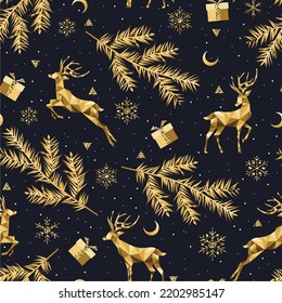 Christmas gold pattern. Seamless pattern with deers, snowflakes, christmas tree branches and gifts. Celebration design for paper, cover, fabric, interior decor and other.