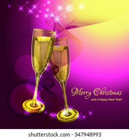Christmas gold, pink vector background with glasses of champagne.