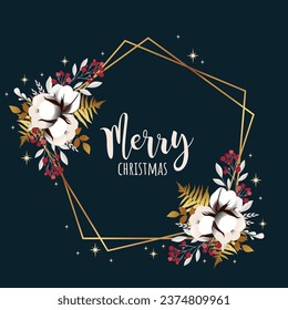 Christmas gold polygonal wreath with stars. Decor for New Year Christmas and holiday. Wreath with red berries, cotton and gold fern
