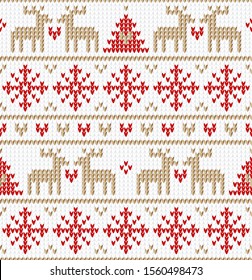 Christmas gold and red knitted pattern on white background. Winter geometric seamless pattern. Design for sweater, scarf, comforter or clothes texture.  Xmas Vector illustration