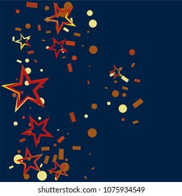 Christmas gold and red stars confetti falling, on a deep blue background. Magic shining flying stars and glitter dots sparkle cosmic backdrop