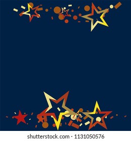 Christmas gold and red stars confetti falling, on a deep blue background. Magic shining flying stars and glitter dots sparkle cosmic backdrop