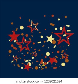 Christmas gold and red stars confetti falling, on a deep blue background. Magic shining flying stars and glitter dots sparkle cosmic backdrop