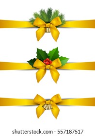 Christmas gold ribbon decoration on white background vector design.