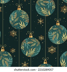 Christmas gold seamless pattern with balls, herbs and snowflakes on green background. Perfect for holiday invitations, winter greeting cards, wallpaper and other