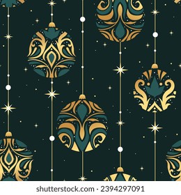 Christmas gold seamless pattern with balls and stars on green background. Perfect for holiday invitations, winter greeting cards, wallpaper and other