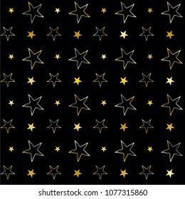 Christmas gold and silver stars confetti falling, isolated on black. Magic shining flying stars and glitter dots sparkle cosmic backdrop