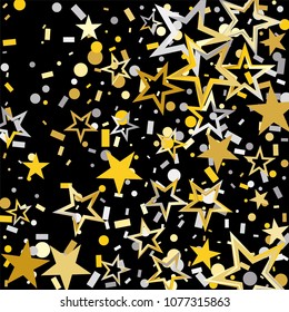 Christmas gold and silver stars confetti falling, isolated on black. Magic shining flying stars and glitter dots sparkle cosmic backdrop