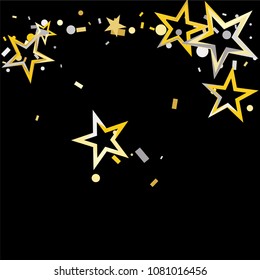 Christmas gold and silver stars confetti falling, isolated on black. Magic shining flying stars and glitter dots sparkle cosmic backdrop