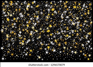 Christmas gold and silver stars confetti falling, isolated on black. Magic shining flying stars and glitter dots sparkle cosmic backdrop