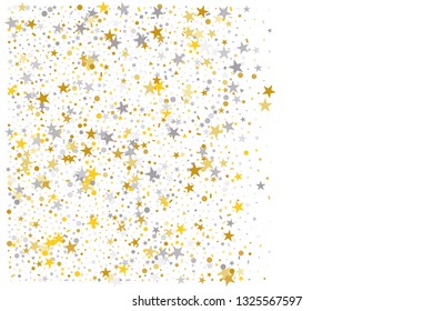 Christmas gold and silver stars confetti falling, isolated on white. Magic shining flying stars and glitter dots sparkle cosmic backdrop