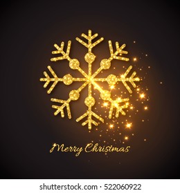 Christmas gold snowflake with glowing lights. Christmas golden background. Vector illustration.
