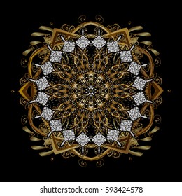 Christmas gold snowflake. Golden snowflakes on black background. Winter snow texture wallpaper. Symbol holiday, New Year celebration vector golden pattern with golden elements.