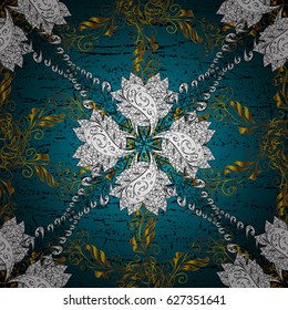 Christmas gold snowflake pattern. Golden snowflakes on blue background. Winter snow texture wallpaper. Symbol holiday, New Year celebration vector golden pattern with golden elements.