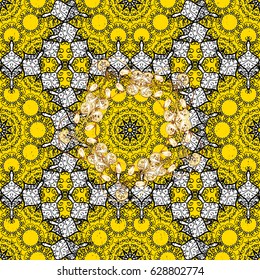 Christmas gold snowflake pattern. Golden snowflakes on yellow background. Winter snow texture wallpaper. Symbol holiday, New Year celebration vector golden pattern with golden elements.