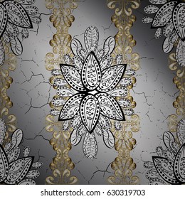 Christmas gold snowflake pattern. Golden snowflakes on gray background. Winter snow texture wallpaper. Symbol holiday, New Year celebration vector golden pattern with golden elements.