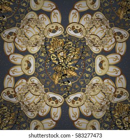 Christmas gold snowflake pattern. Symbol holiday, New Year celebration vector golden pattern with golden elements. Golden snowflakes on gray background. Winter snow texture wallpaper.