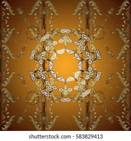 Christmas gold snowflake pattern. Symbol holiday, New Year celebration vector golden pattern with golden elements. Golden snowflakes on yellow background. Winter snow texture wallpaper.