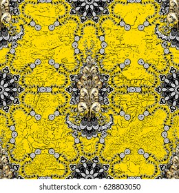 Christmas gold snowflake pattern. Symbol holiday, New Year celebration vector golden pattern with golden elements. Golden snowflakes on yellow background. Winter snow texture wallpaper.