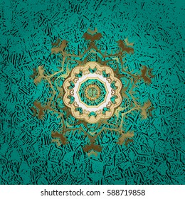 Christmas gold snowflake pattern. Winter snow texture wallpaper. Symbol holiday, New Year celebration vector golden pattern with golden elements. Golden snowflakes on blue background.