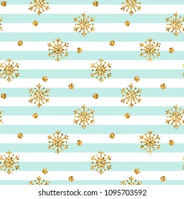 Christmas gold snowflake seamless pattern. Golden glitter snowflakes on blue white lines background. Winter snow texture design wallpaper Symbol holiday, New Year celebration Vector illustration