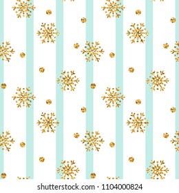 Christmas gold snowflake seamless pattern. Golden glitter snowflakes on blue white lines background. Winter snow texture design wallpaper Symbol holiday, New Year celebration Vector illustration