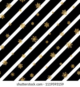 Christmas gold snowflake seamless pattern. Golden snowflakes on black and white diagonal lines background. Winter snow texture wallpaper. Symbol holiday, New Year celebration Vector illustration