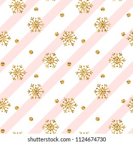 Christmas gold snowflake seamless pattern. Golden snowflakes on pink and white diagonal lines background. Winter snow texture wallpaper. Symbol holiday, New Year celebration Vector illustration