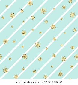 Christmas gold snowflake seamless pattern. Golden glitter snowflakes on blue white diagonal lines background. Winter snow design wallpaper Symbol holiday, New Year celebration Vector illustration