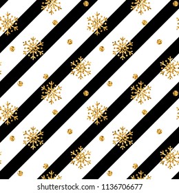 Christmas gold snowflake seamless pattern. Golden snowflakes on black and white diagonal lines background. Winter snow design wallpaper. Symbol holiday, New Year celebration Vector illustration