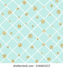 Christmas gold snowflake seamless pattern. Golden snowflakes on blue and white rhombus background. Winter snow texture wallpaper. Symbol holiday, New Year celebration Vector illustration